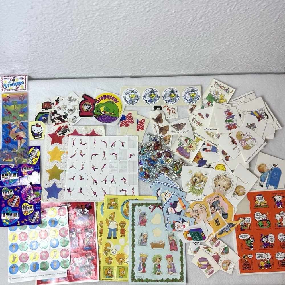 Vintage 90s Sticker Lot Suzy's Zoo Peanuts Halloween Simpsons Disney Lisa Frank